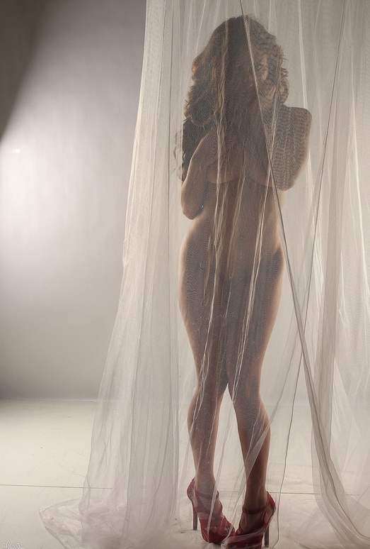Lily poses behind a sheer curtain and teases